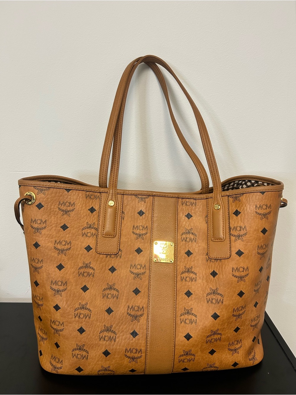 MCM Cognac Visetos Logo Stripe Tote
